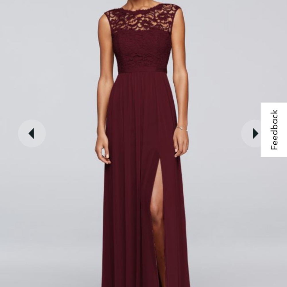 New with tags David’s bridal bridesmaid dress in color wine. Size 16
